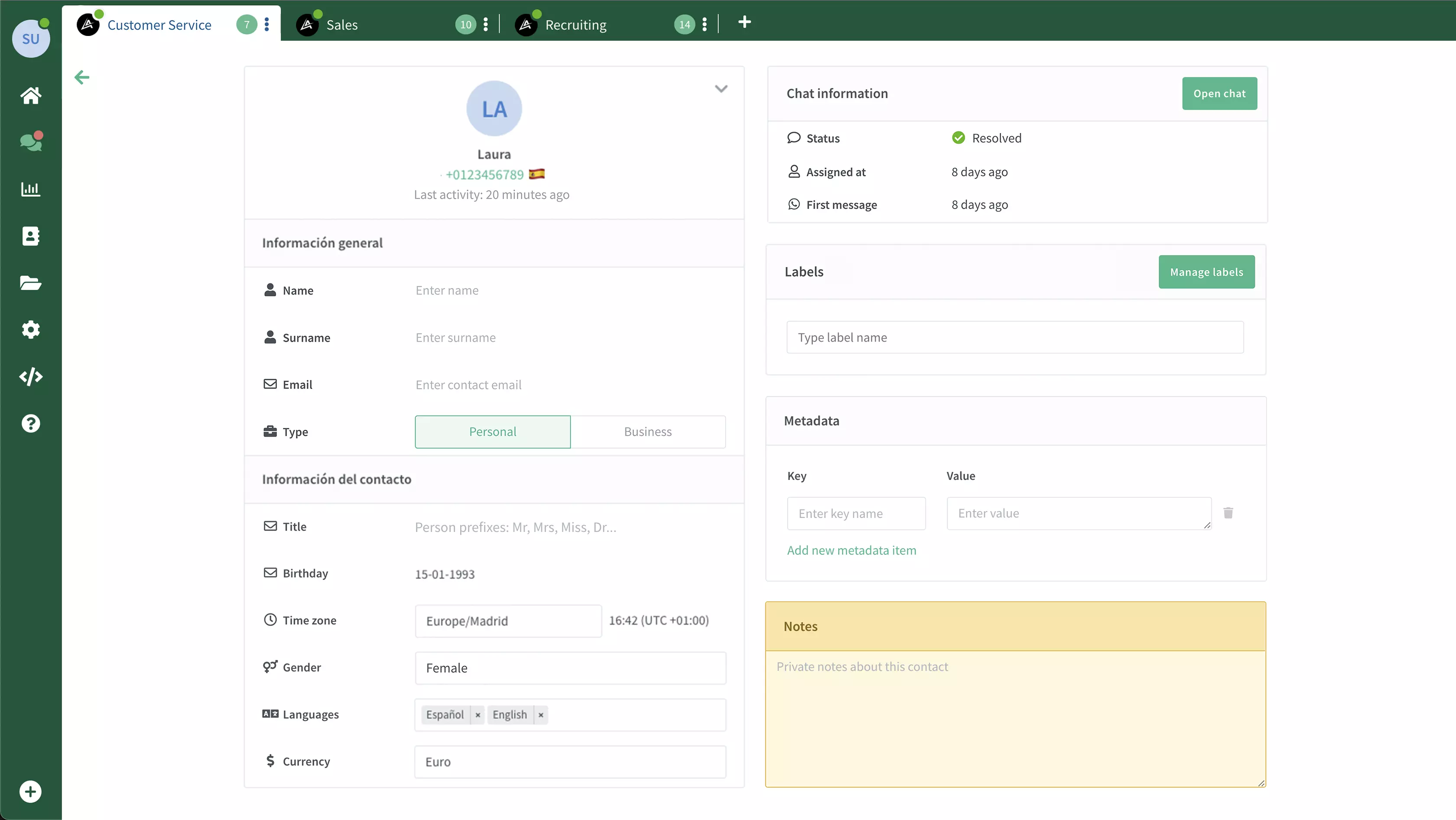 Captura OneChat: editar y completar contacto